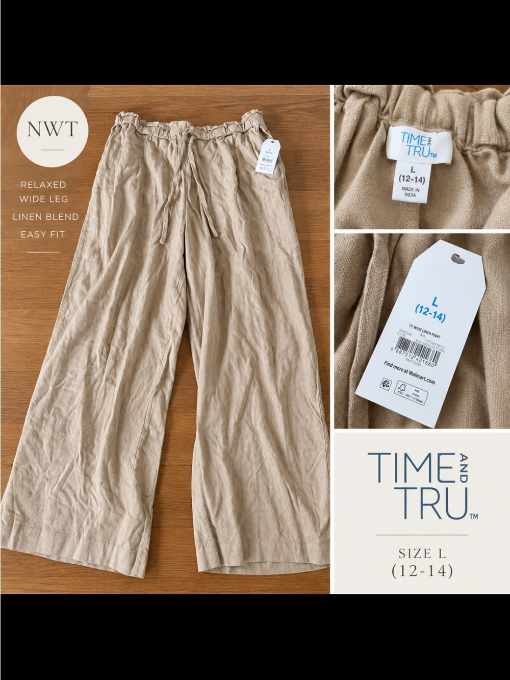 Time and Tru Beige Wide-Leg Linen Blend Pants